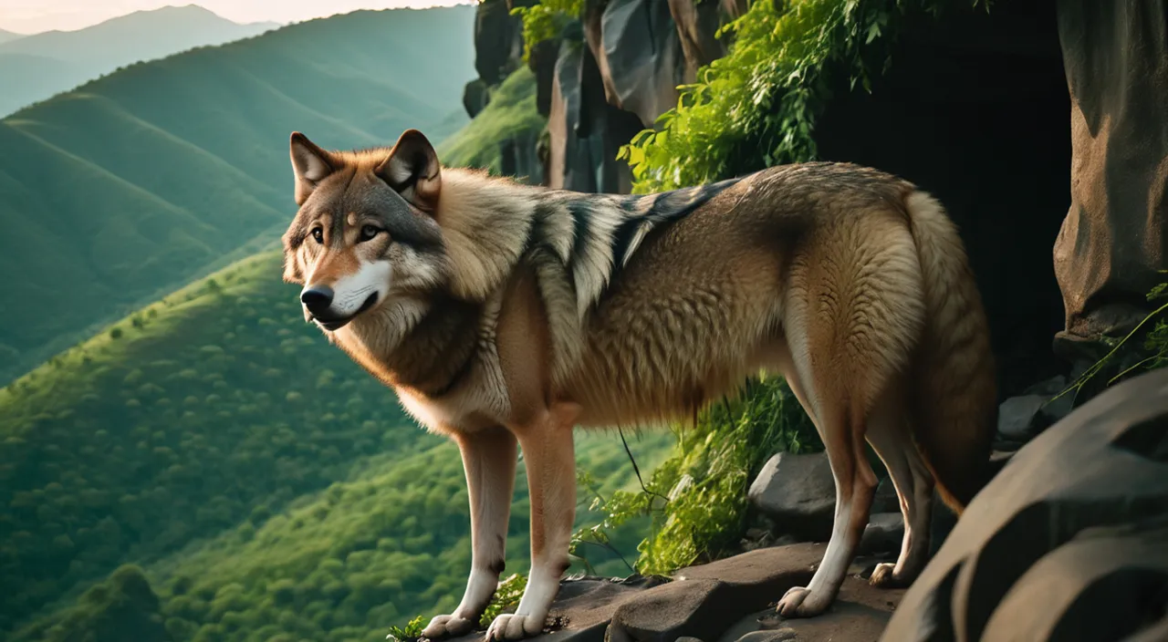 a wolf standing on top of a lush green hillside