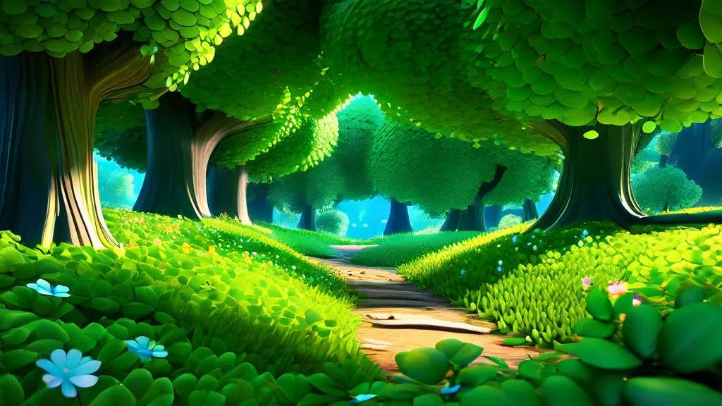 a painting of a path through a green forest