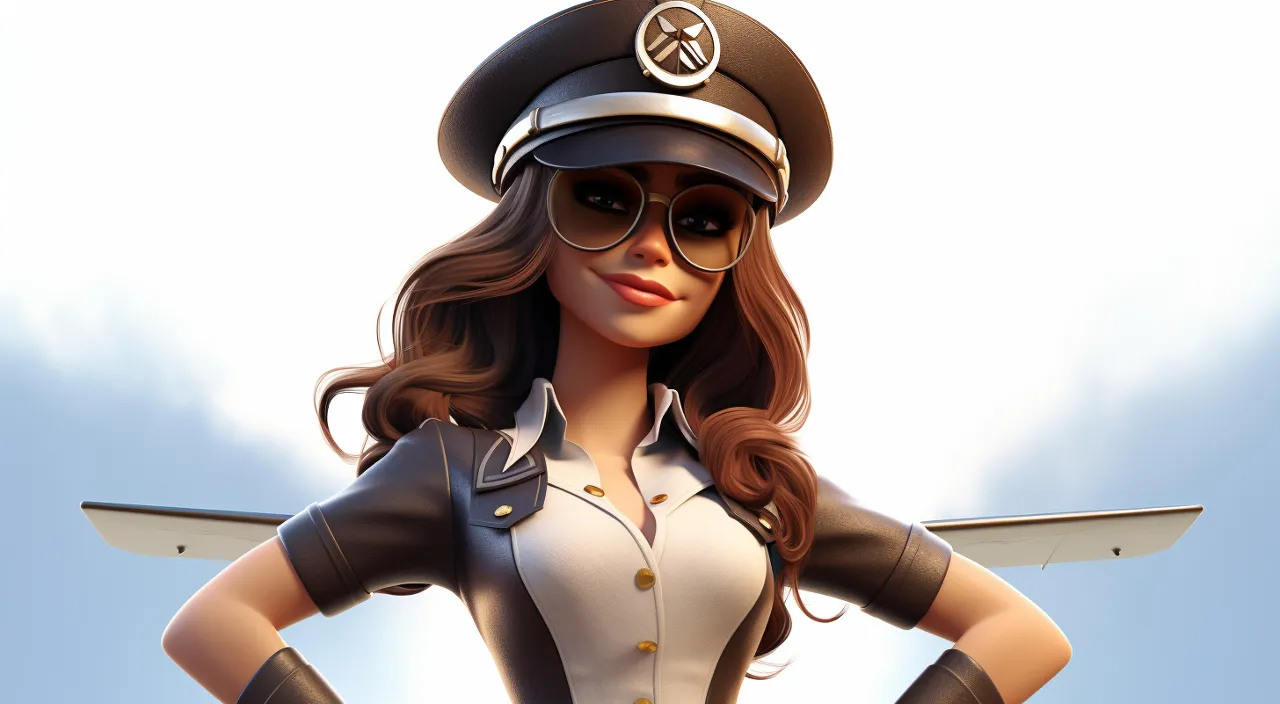 a woman in a pilot's outfit and sunglasses talks