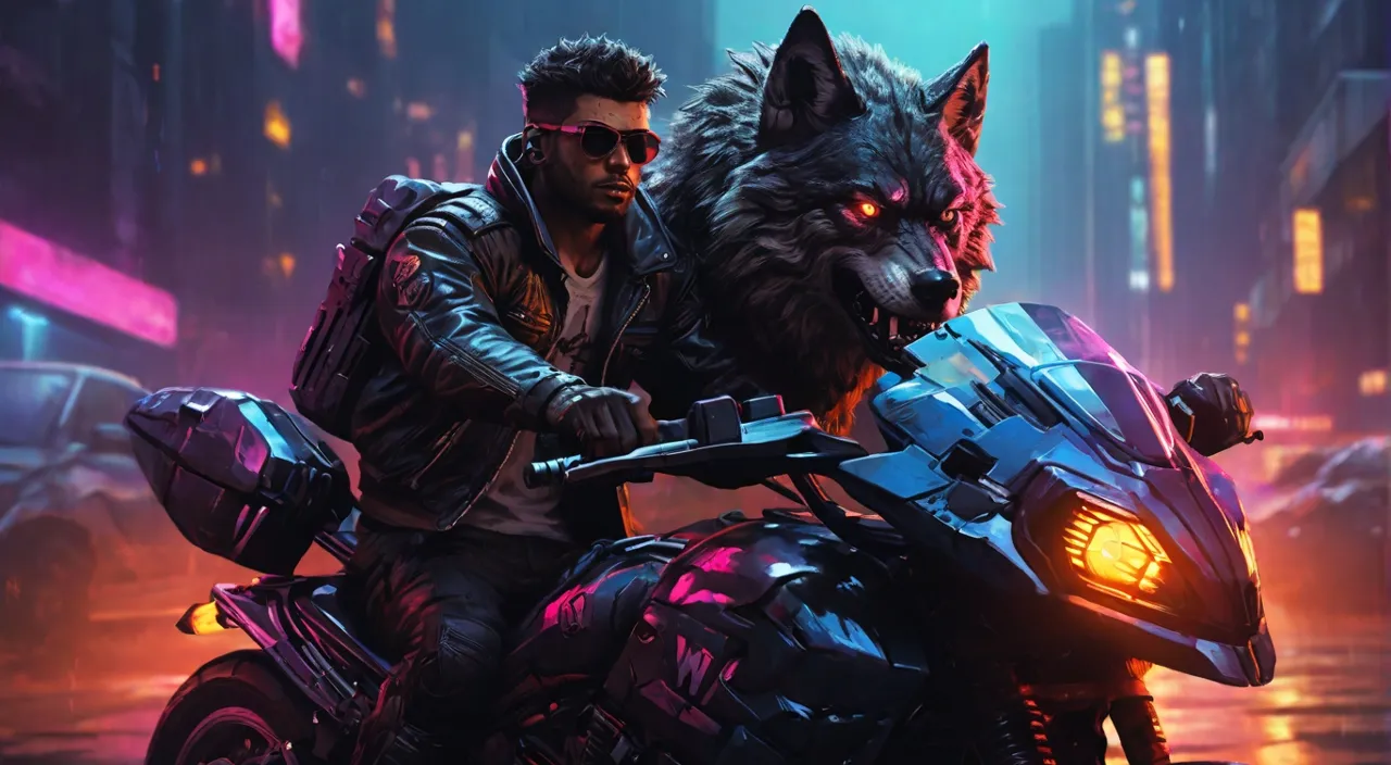 a man riding on the back of a motorcycle next to a wolf