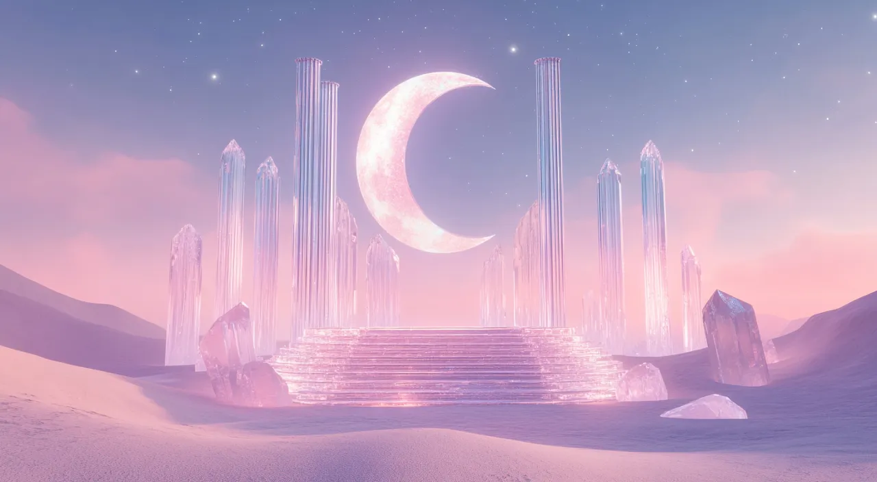 A pink desert scattered with iridescent crystal cacti, under a clear pink crystal moonm glowing pillars