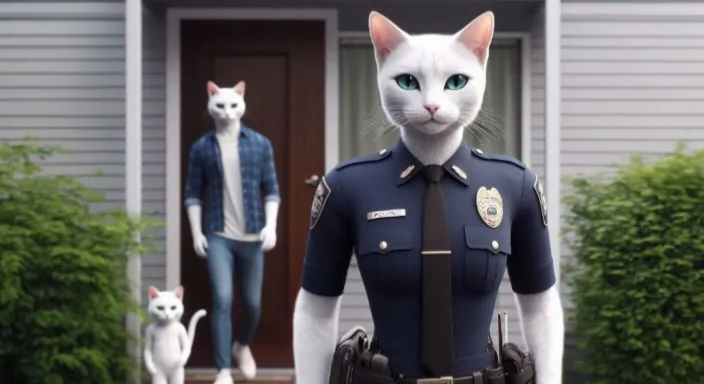 a white cat wearing a police uniform standing in front of a house