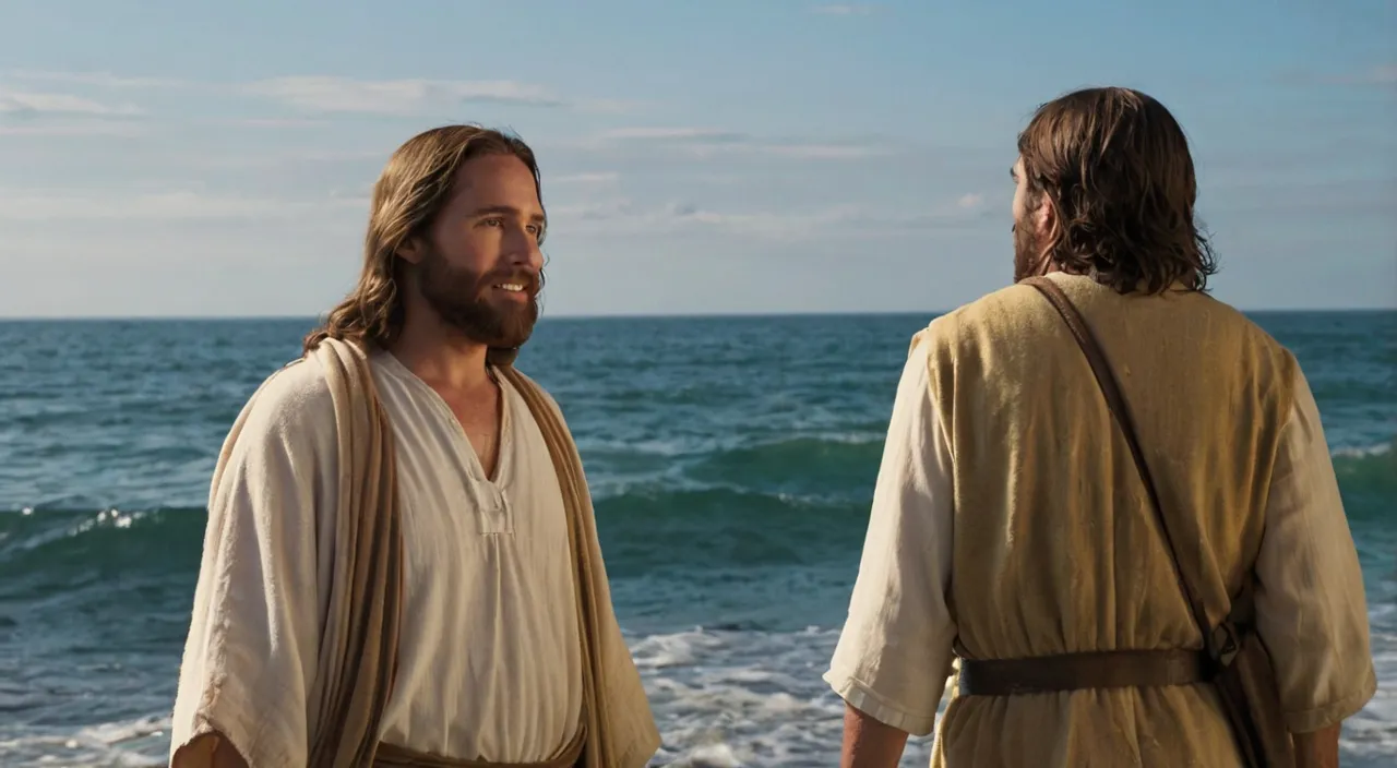 two men standing on a beach next to the ocean