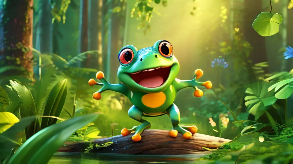 a green frog standing on a log in a forest