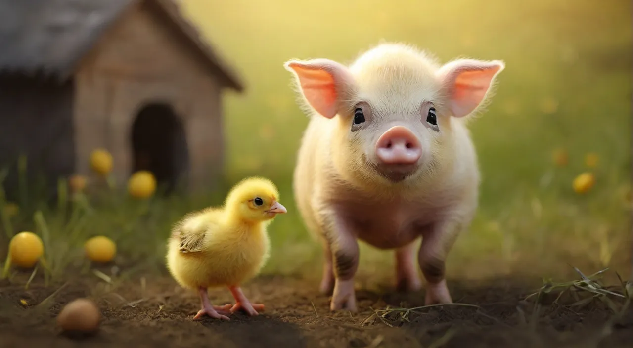 a pig and a duckling standing in front of a birdhouse