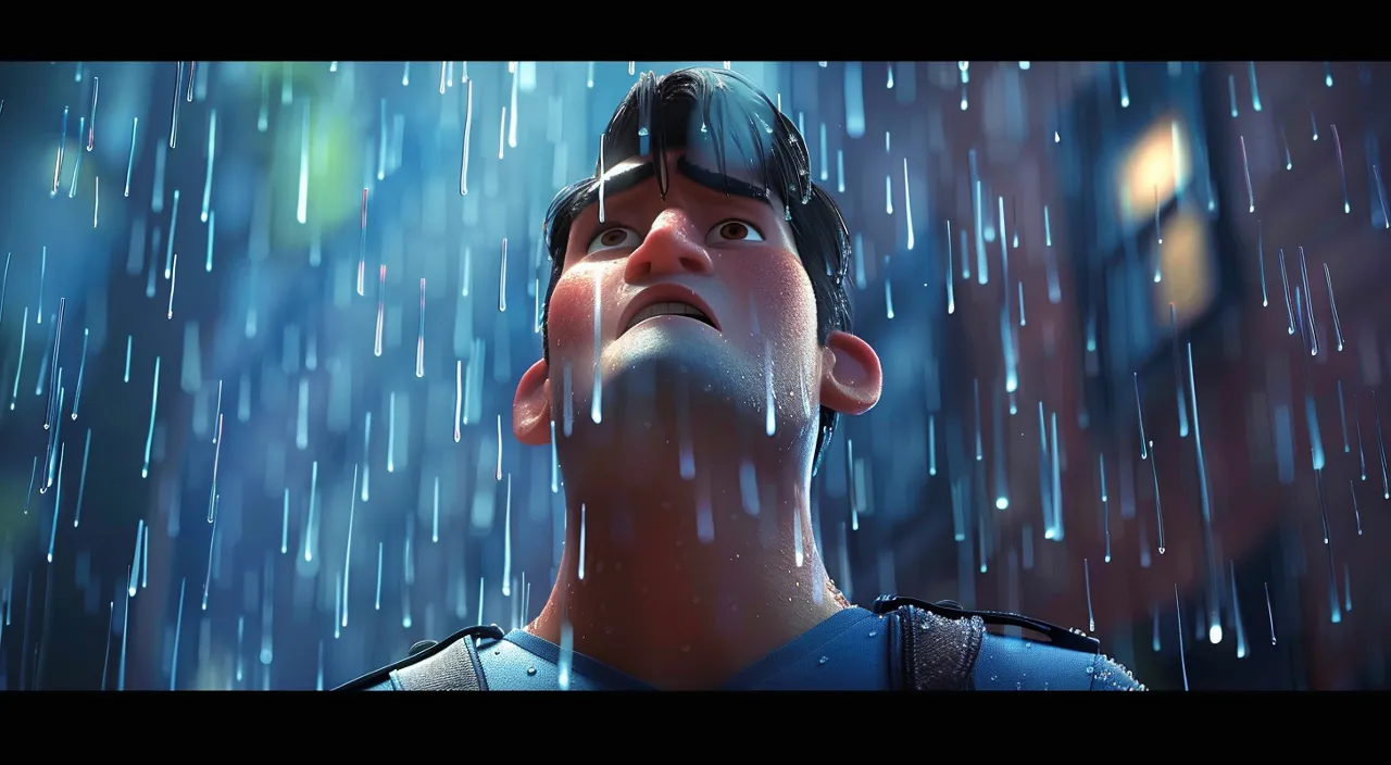 A stormy scene with heavy rain falling like miniature hammers, a person looking up at the sky, their face showing a sense of awe and resignation