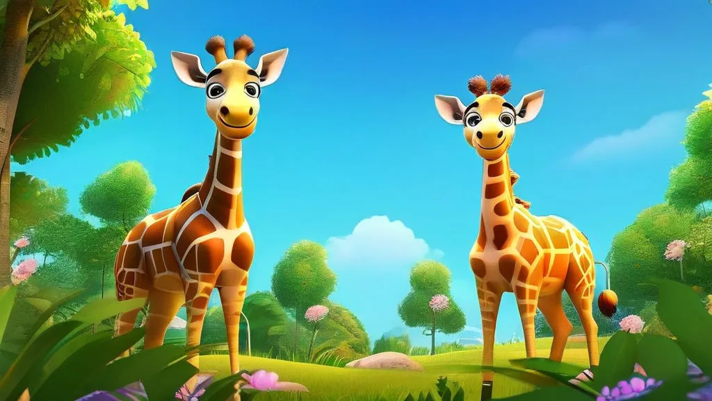 a couple of giraffe standing next to each other on a lush green field