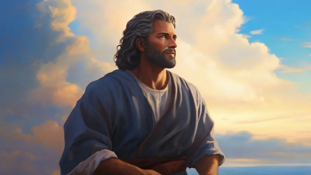 a painting of jesus standing in front of a cloudy sky