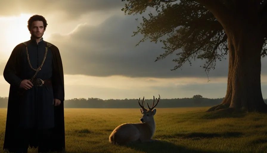 a man standing next to a deer in a field