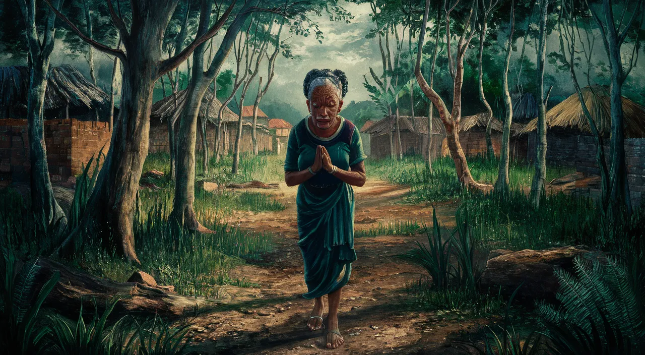 a painting of a woman walking through a forest