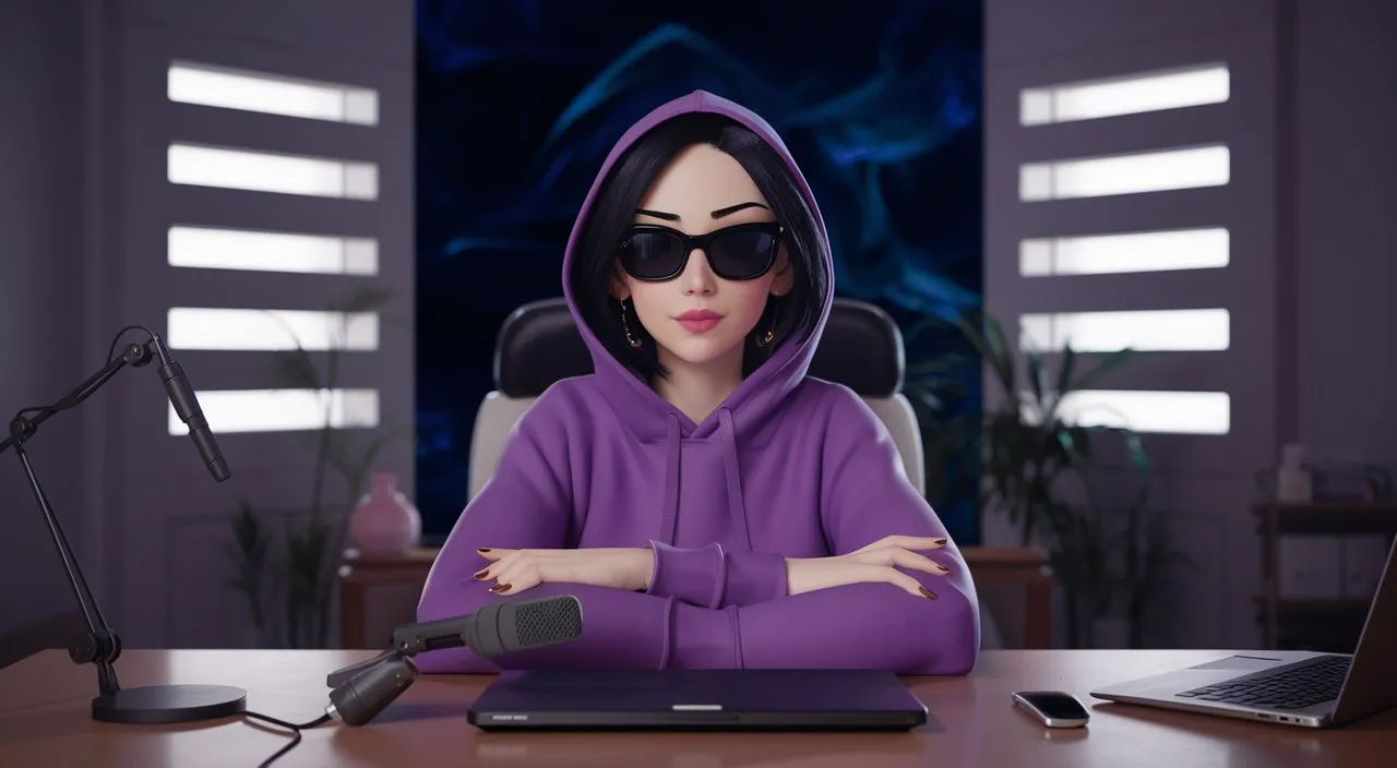 a woman in a purple hoodie sitting in front of a laptop