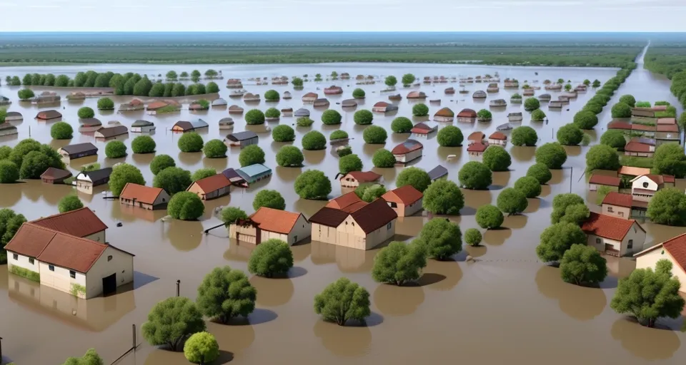 a flooded area with houses and trees in it