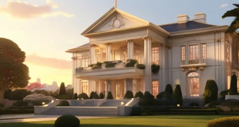 Generate a video showcasing the grandeur of the presidential mansion exterior during a golden sunset. 