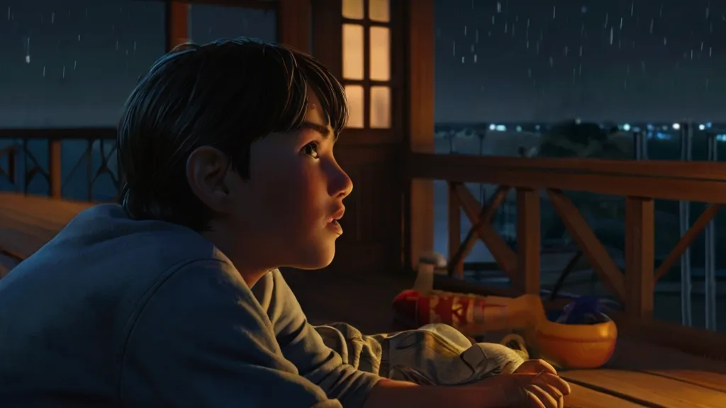 a young boy sitting on a porch at night