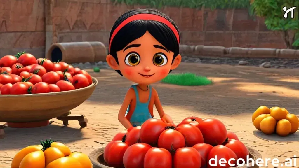 a little girl standing in front of a bowl of tomatoes