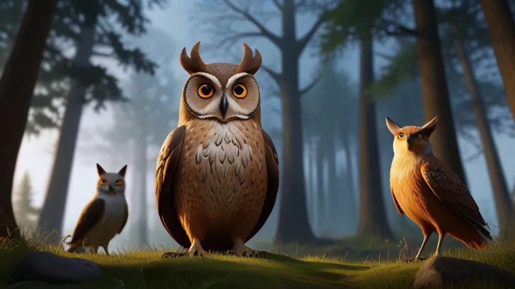 a group of owls standing on top of a lush green forest