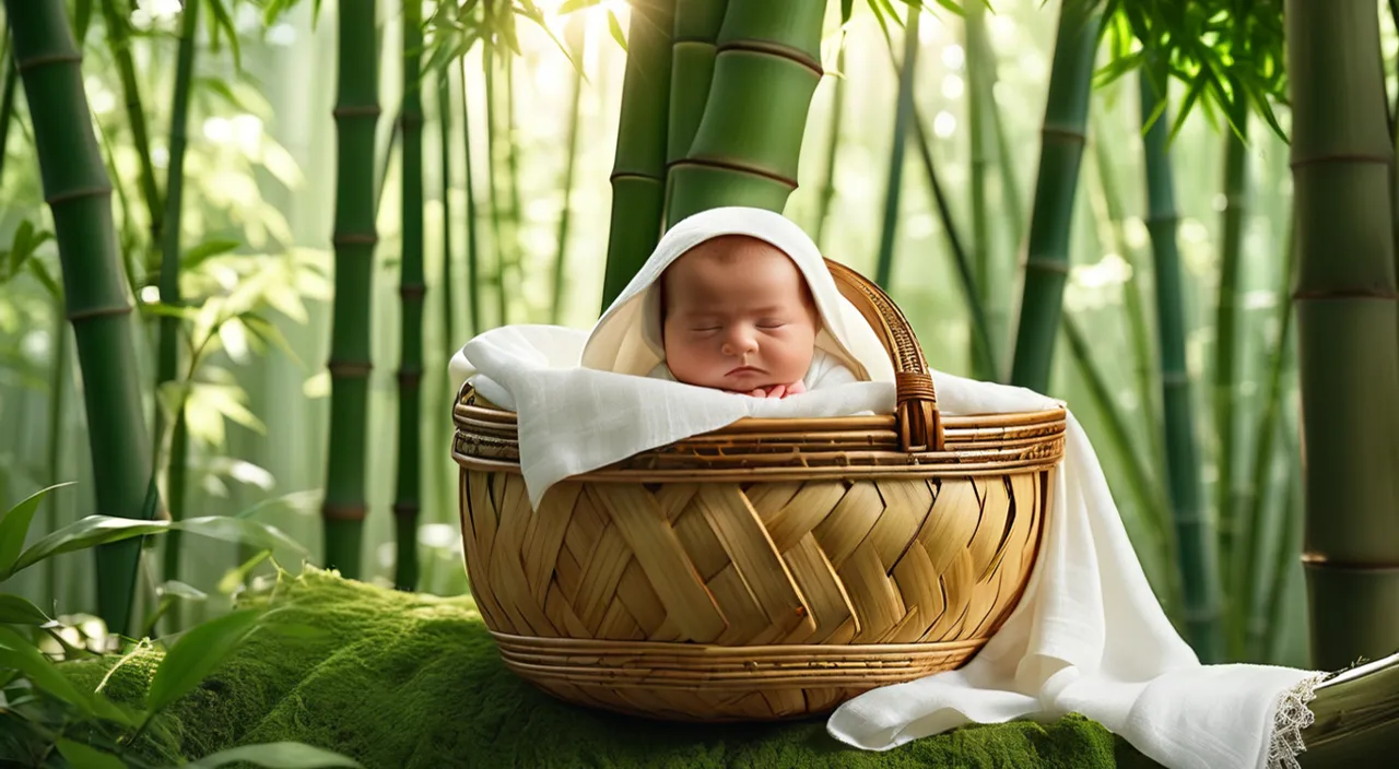 a baby wrapped in a blanket in a bamboo basket