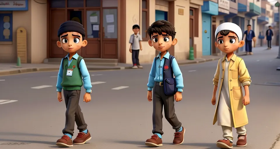 a group of young boys standing on the side of a road