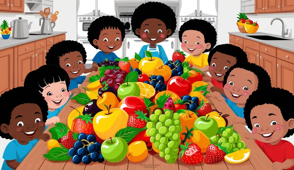 a group of children standing around a large pile of fruit