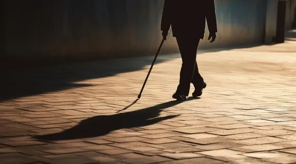 a person walking down a street with a cane