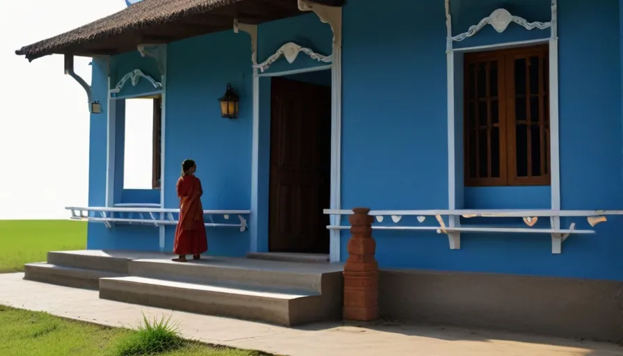 a person standing outside of a blue house