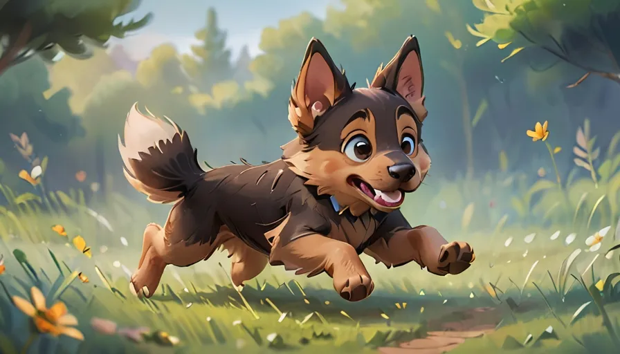 a cartoon dog running through a forest