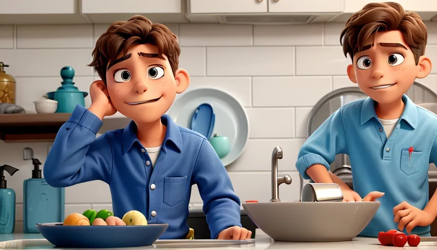 two boy standing in front of a bowl of food