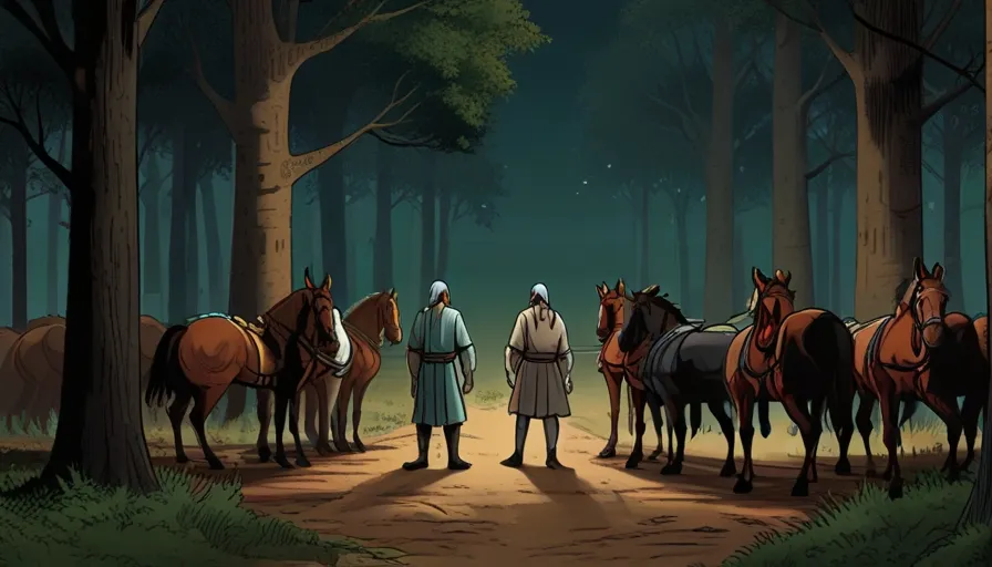 a man standing in the middle of a forest with horses