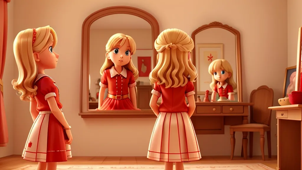 a girl looks at herself in the mirror