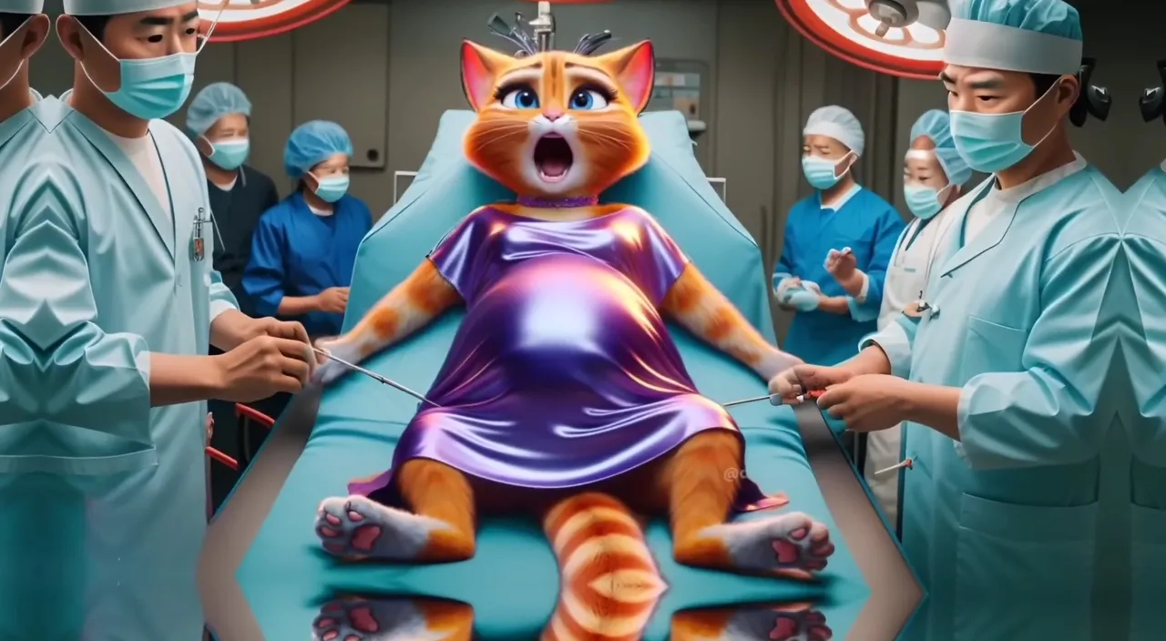 a cat in a purple dress sitting on a hospital bed