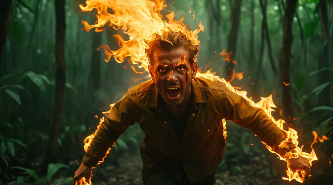 a man with fire on his face running through a forest