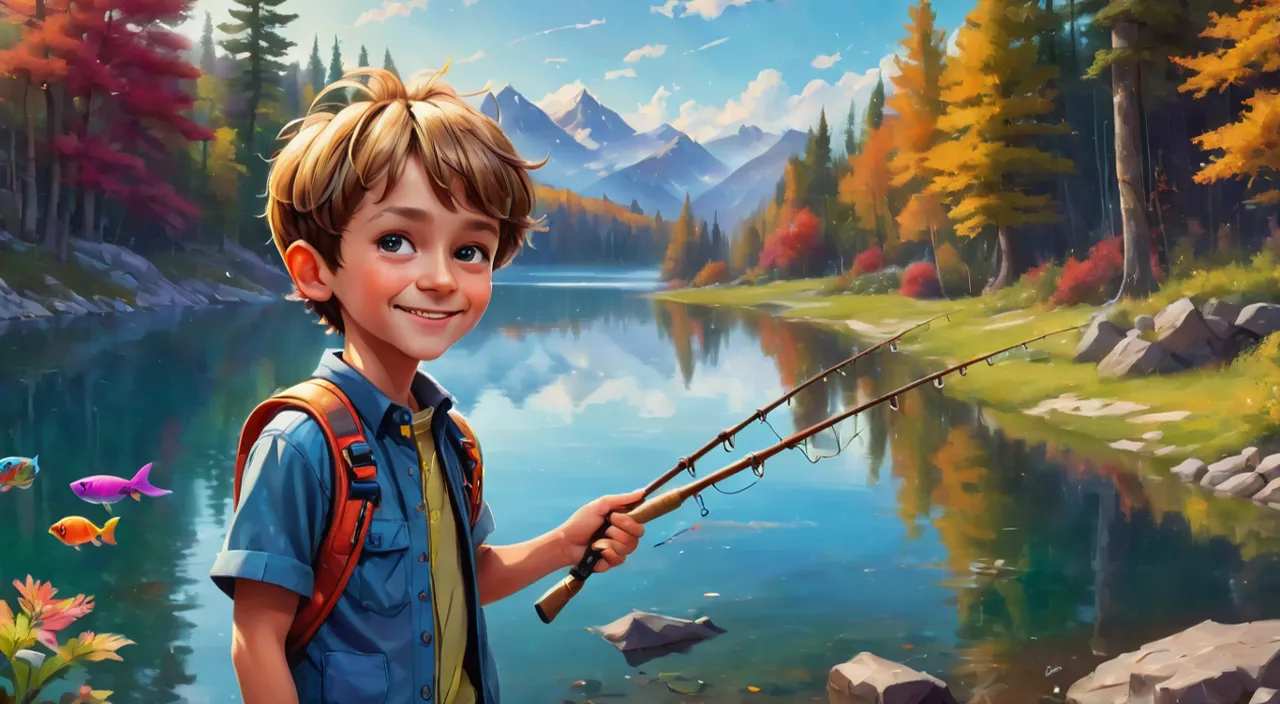 a painting of a boy holding a fishing rod