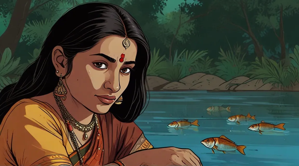 a woman sitting in front of a river with fish