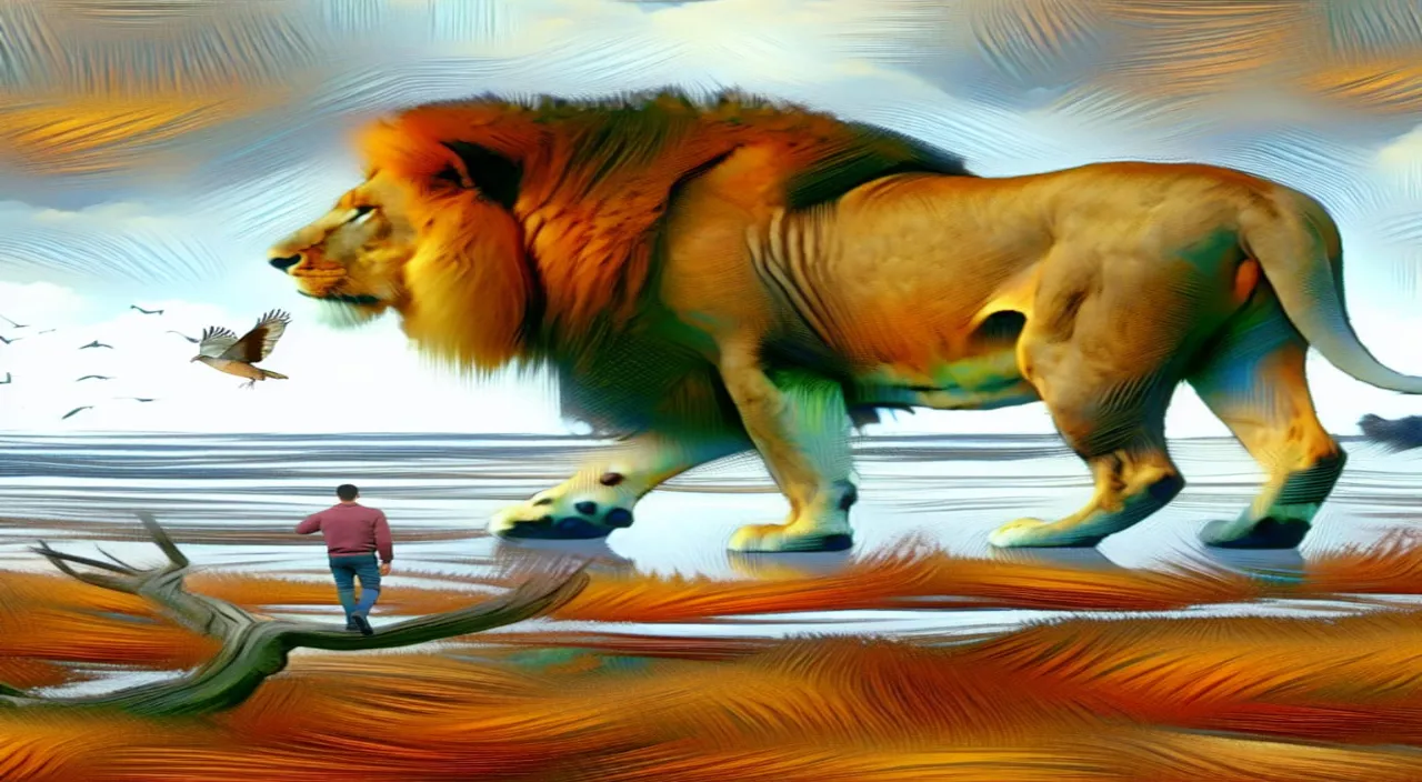 a painting of a lion walking across a field