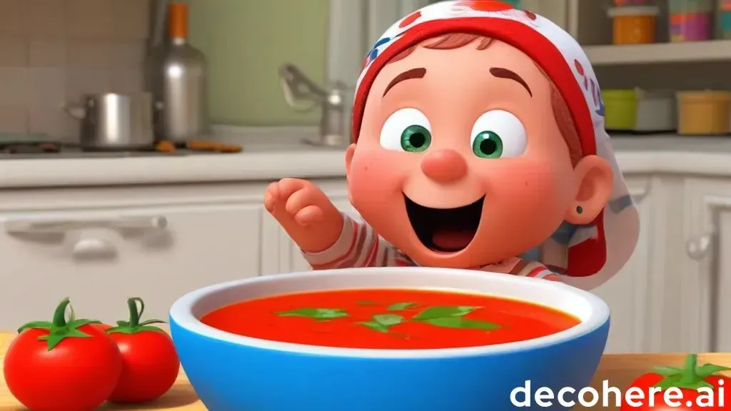 a cartoon character standing in front of a bowl of tomato soup