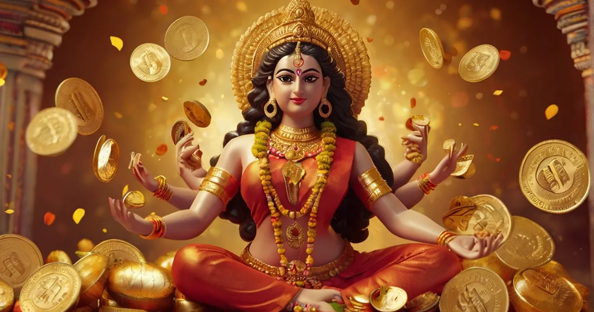 Create a god durga with catching money on a golden background, 8k, size of 1920x1080, colorful