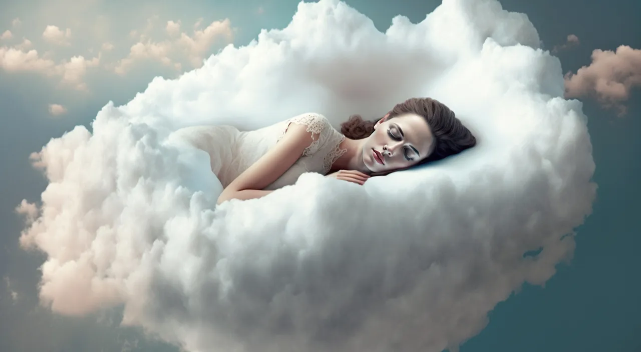 a woman sleeping on white cloud in the sky