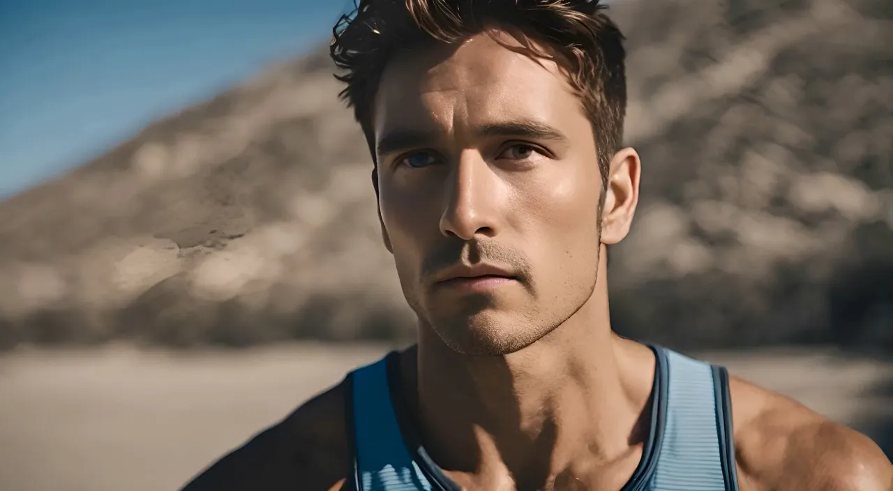 a man in a blue tank top standing in front of a mountain