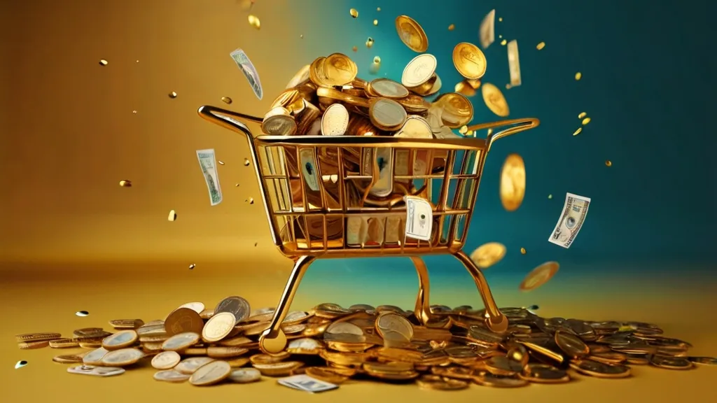 Create a Falling Money with golden background, 8k, size of 1920x1080, colorful
