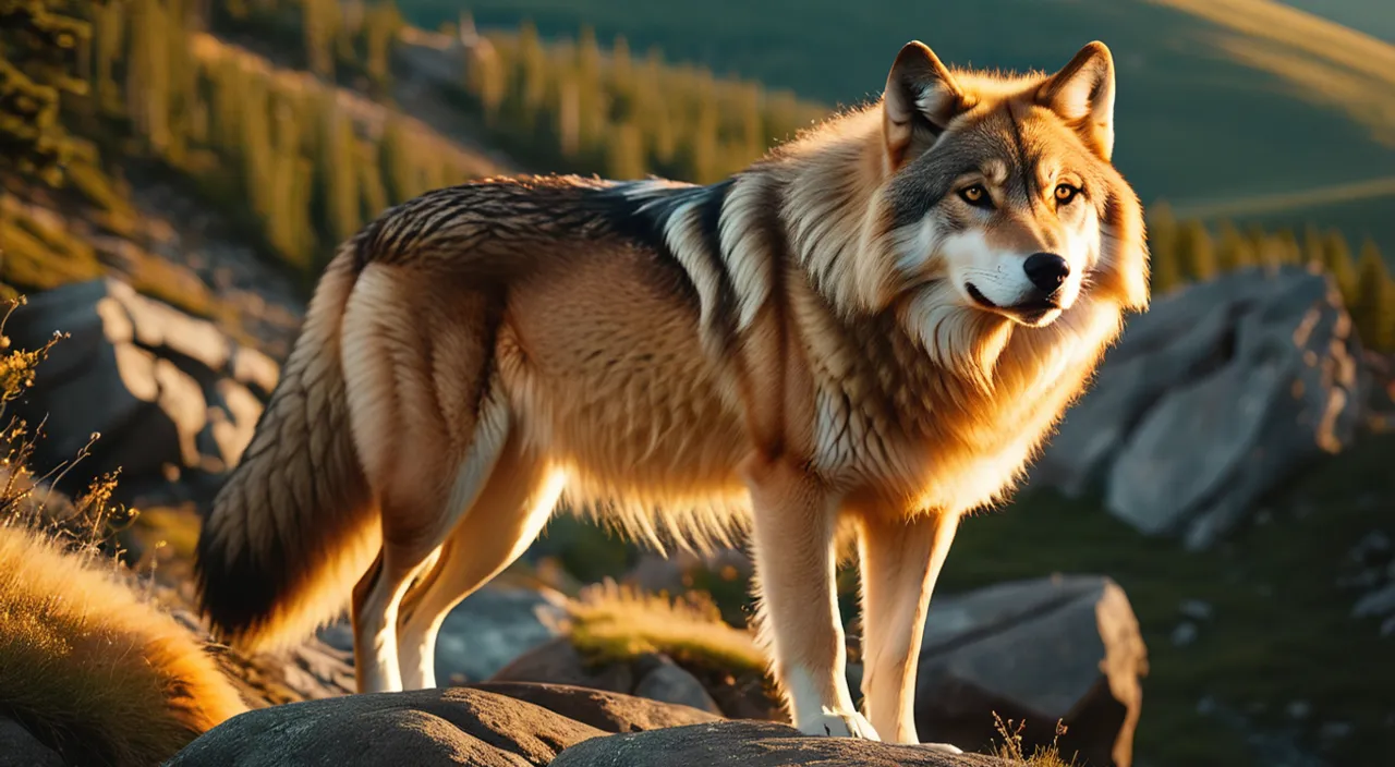 a wolf standing on top of a rocky hillside on the background of lush green jungle