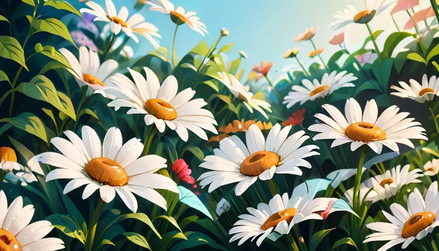 a painting of a field of daisies with a sky background