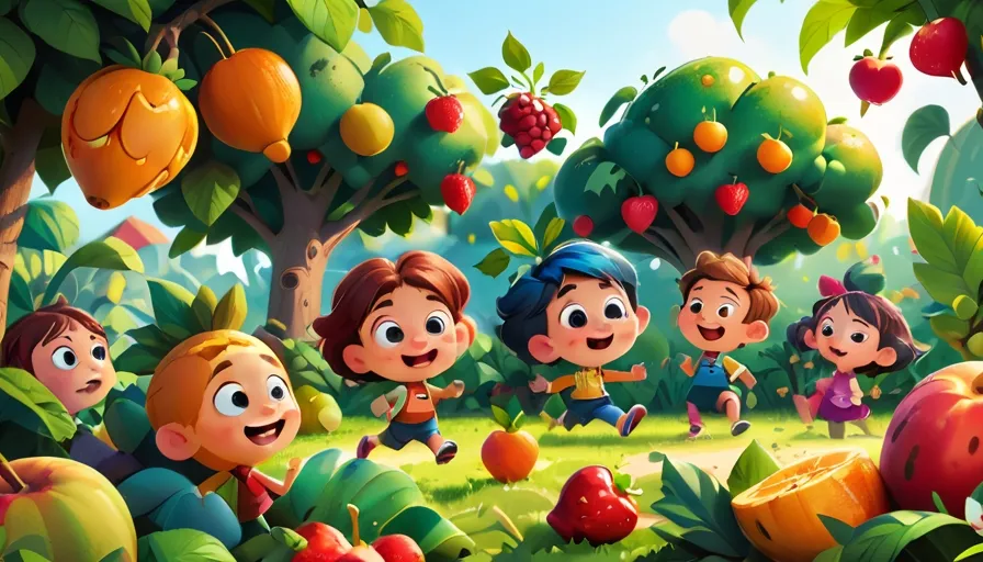 a group of children playing in a fruit forest