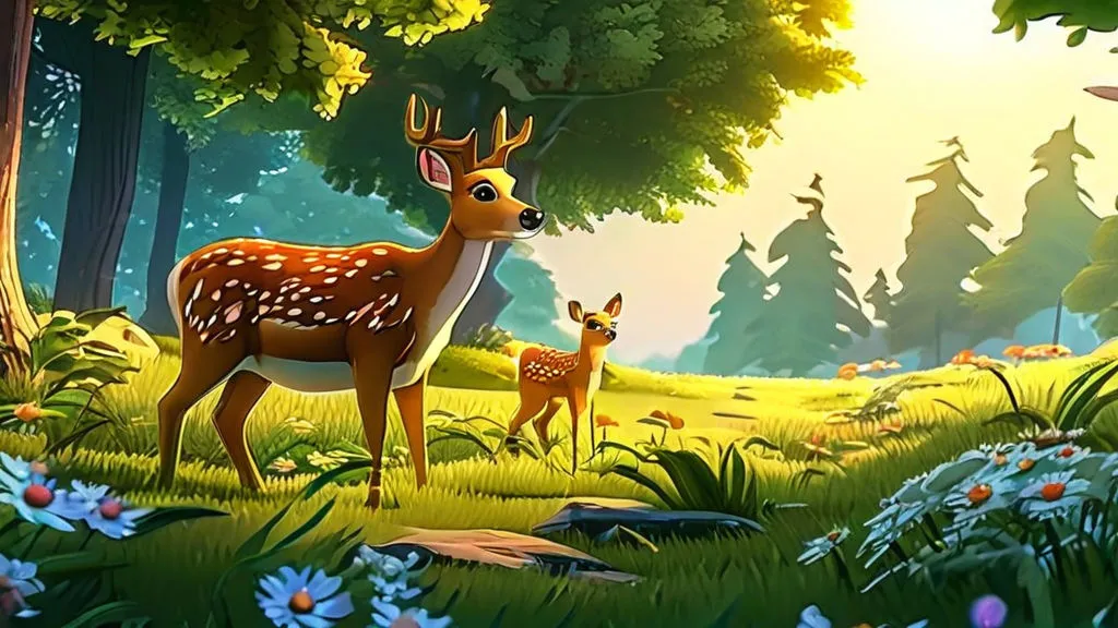 a painting of two cute deer in a forest