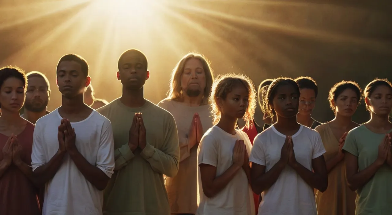 a group of people standing in a line with their hands together