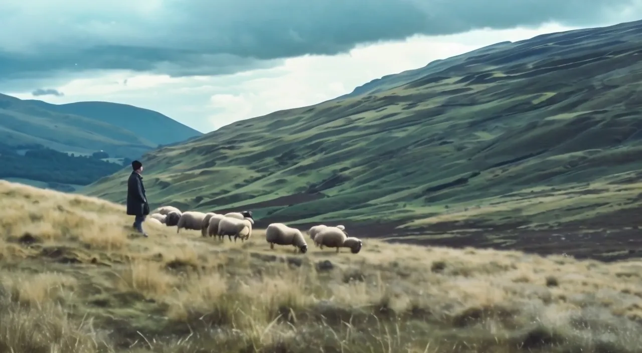 a man walking with a herd of sheep down a hill