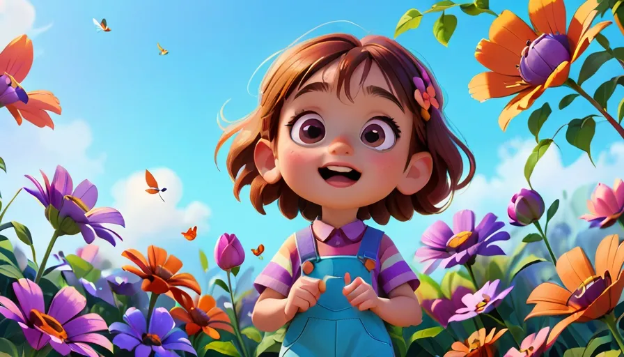 a little girl standing in a field of flowers