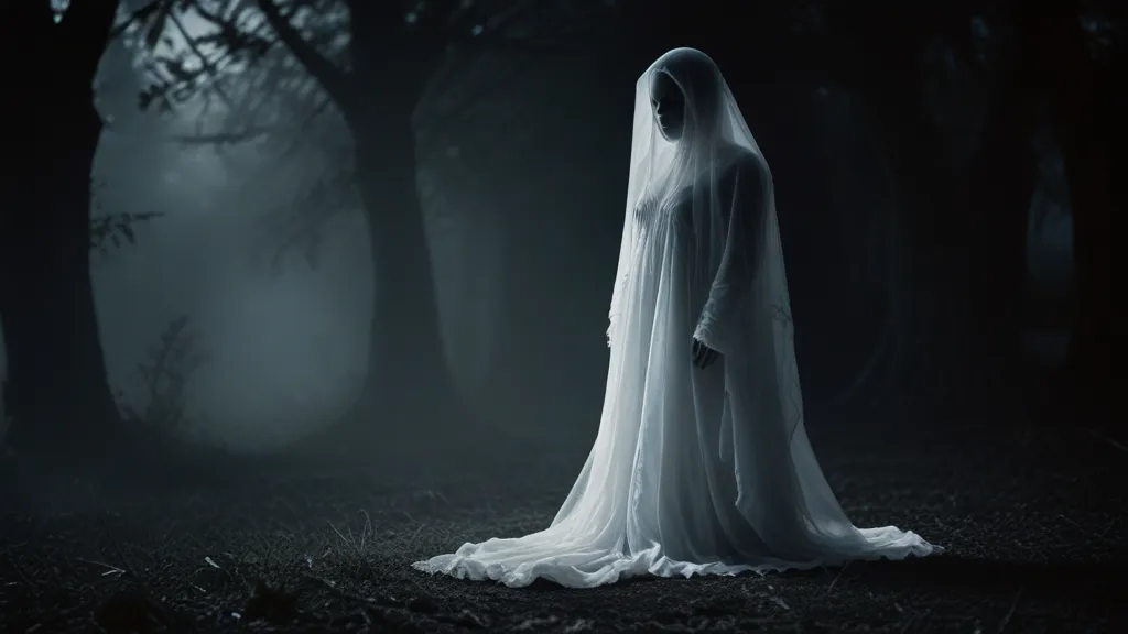 a ghostly woman in a white dress standing in a dark forest