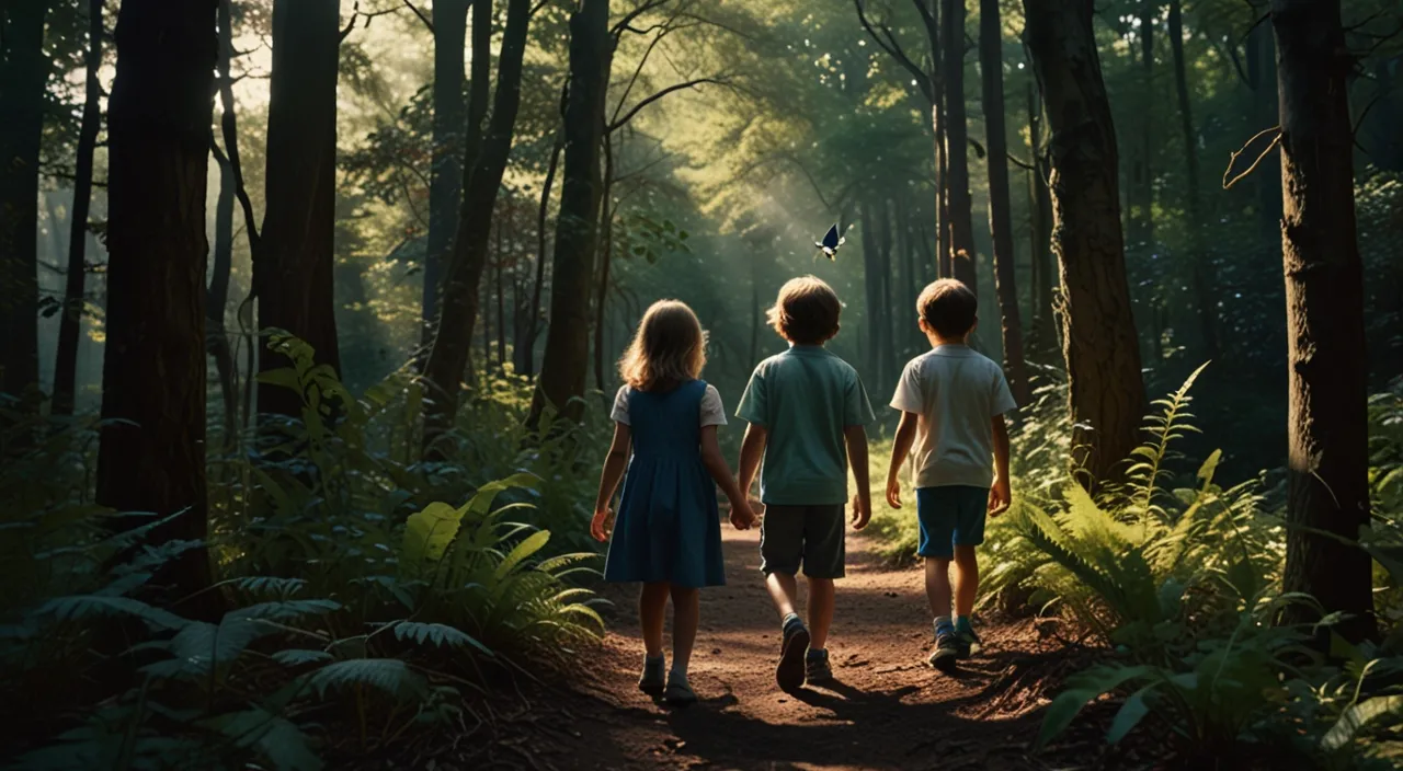 three children walking in the forest holding hands