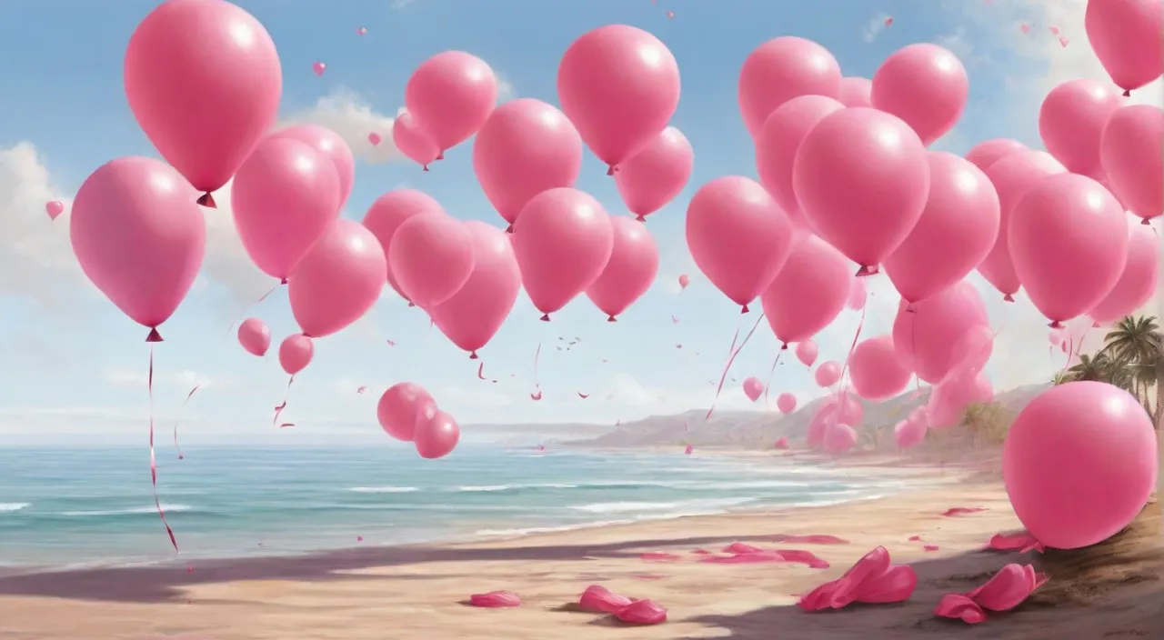 a bunch of pink balloons floating over a beach