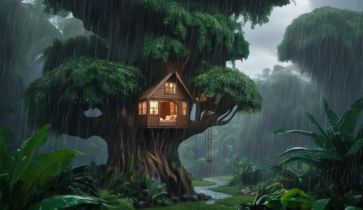 a tree house in the middle of a forest